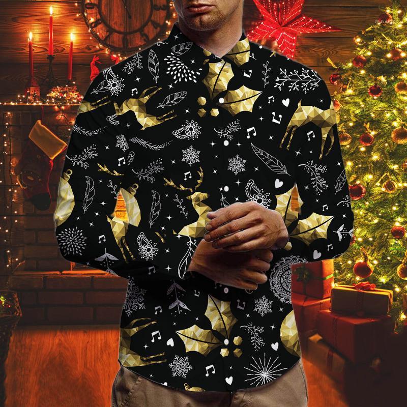 

Men's Casual Shirts Men Winter Autumn Long Sleeve Christmas Deer Print Fashion Cute Shirt Top Blouse Turn Down Collar Snowflakes