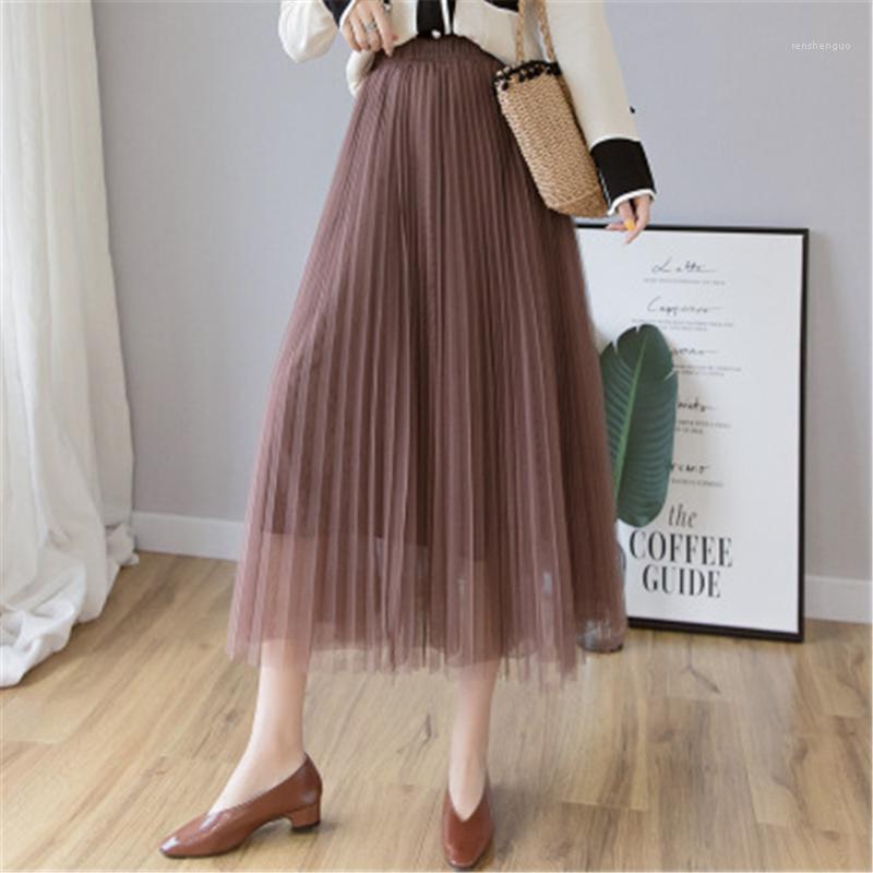 

Skirts 2022 Long Pleated Tulle Skirt Women Fashion Korean School Cute High Waist Maxi Tutu Female Pink Apricot PZ2773, Black