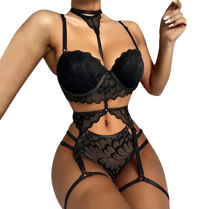 

Bras Sets Women Siamesed Erotic Lingerie Set Sexy Underwear With Garter Belt Summer Embroidery Hanging Neck Backless Tie Up JumpsuitsBras, Black