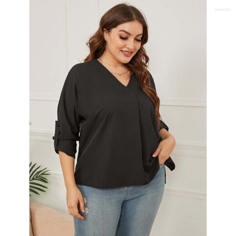 

Women's Plus Size T-Shirt Blouse Loose V-Neck Solid Color Long Sleeve Shirt Oversize Elegant Chic Ladies For Summer Jasp22, As pic