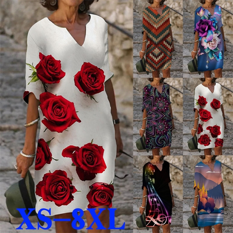 Women's Shift Dress Knee Length Dress Blue Half Sleeve Floral Tie Dye Print Summer V-Neck Casual Loose Plus Size for Women 220511