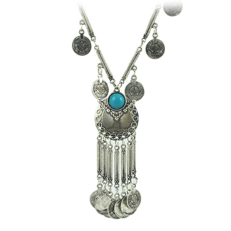 

Chains Bohemian Jewelry Resin Beads Gem Vintage Silver Coin Long Pendant Necklace Gypsy Tribal Ethnic Turkish