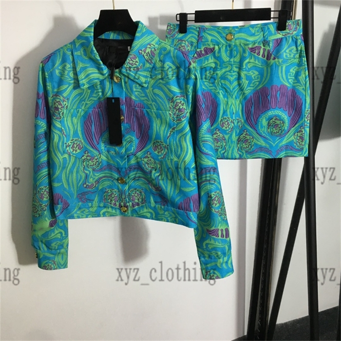 

2022FW high-end womens dresses sets designer girls jackets with skirts plus size Abstract Letter Print Lapel Long Sleeve Jacket High Waist Bag Hip Short Skirt, 2#