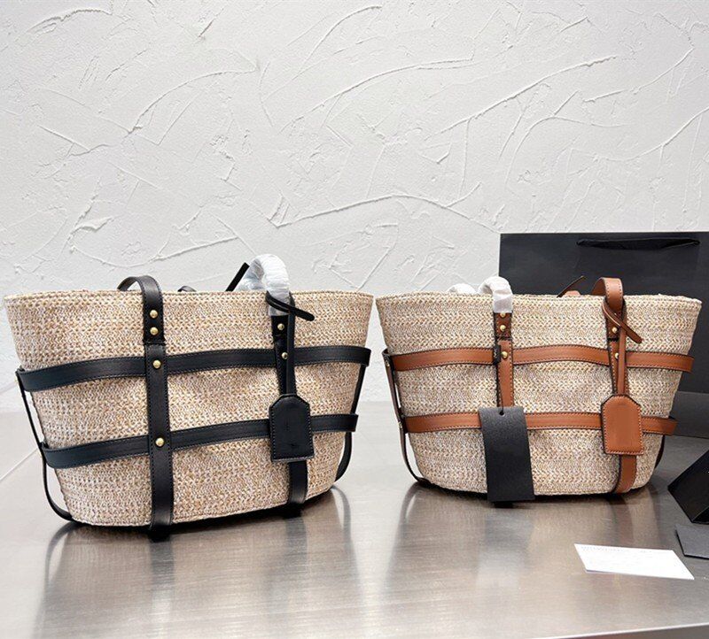 

Ladies Woven Raffia Grass patchwork Leather Detail Shopping Bag Large Capacity tote Crossbody Bags Refreshing literature and art mini Shoulder Bags, Black