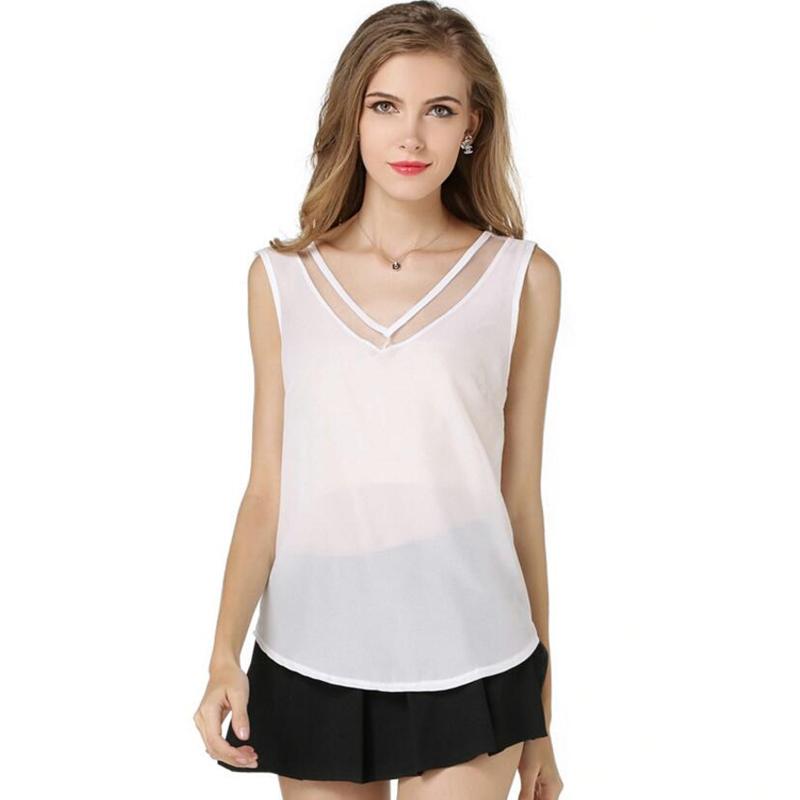 

Women' Blouses & Shirts CUHAKCI White Shirt V Neck Casual Feminine Black Summer Chiffon Sleeveless Womens Tops Backless, S729 white
