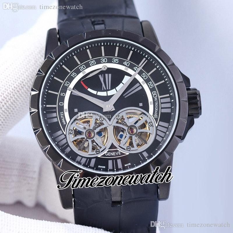 

2022 Excalibur 46 Double Tourbillon Automatic Mens Watch PVD Steel Case All Black Dial Silver Stick Markers Leather Strap Timezonewatch F10a1, F10-a1 (3)