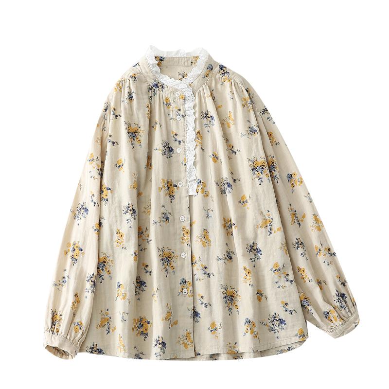 

Women's Blouses & Shirts YourSeason 2022 Ladies Casual Floral Print Tops And Autumn Spring Loose Female Ruffles Collar Mori Girl, Yellow