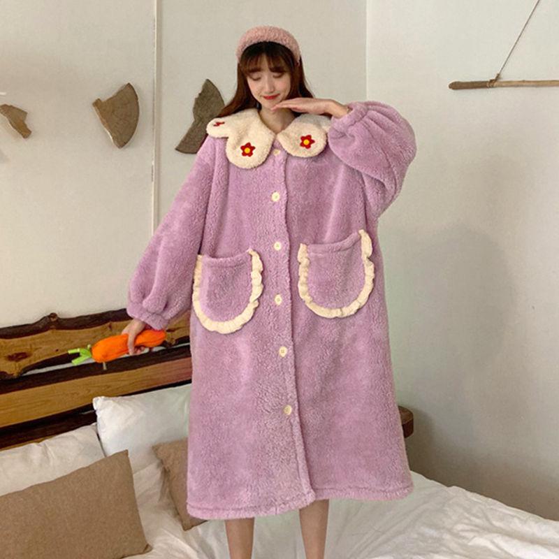 

Women's Sleepwear Female Autumn Winter Coral Fleece Kimono Robe Lovely Home Clothing Pink Thickened Nightgown Bathrobe Gown Flannel Homewear, Blue