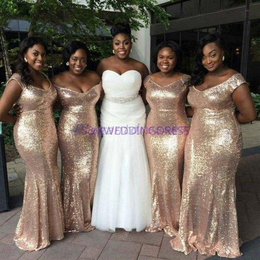 

Sparkly Rose Gold Cheap 2020 Mermaid Bridesmaid Dresses Off-Shoulder Sequins Backless Plus size Beach Wedding Gown Bling Bling223S
