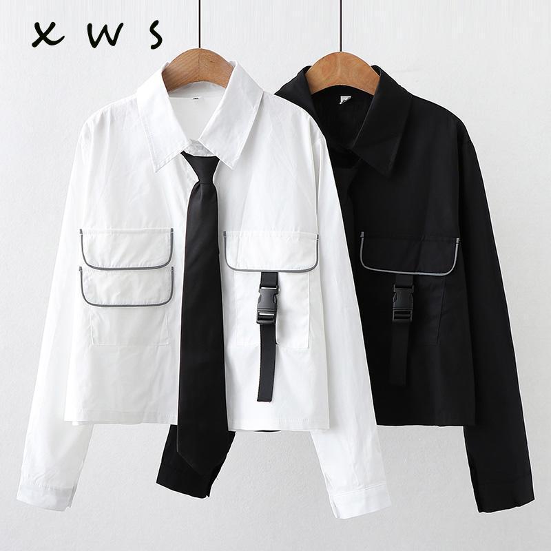 

Women' Blouses & Shirts 2022 Harajuku Woman Appliques Shirt Korean Turn-Down Collar Long Sleeve Loose Necktie Button Female Blouse School G, Black