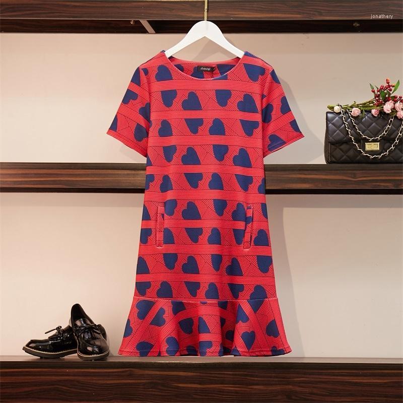 

Plus Size Dresses Women Sweet Ruffle Dress Summer 2022 Cute Heart Print Short Sleeve Loose Casual Kawaii With Pockets 4XL Jona22, Red