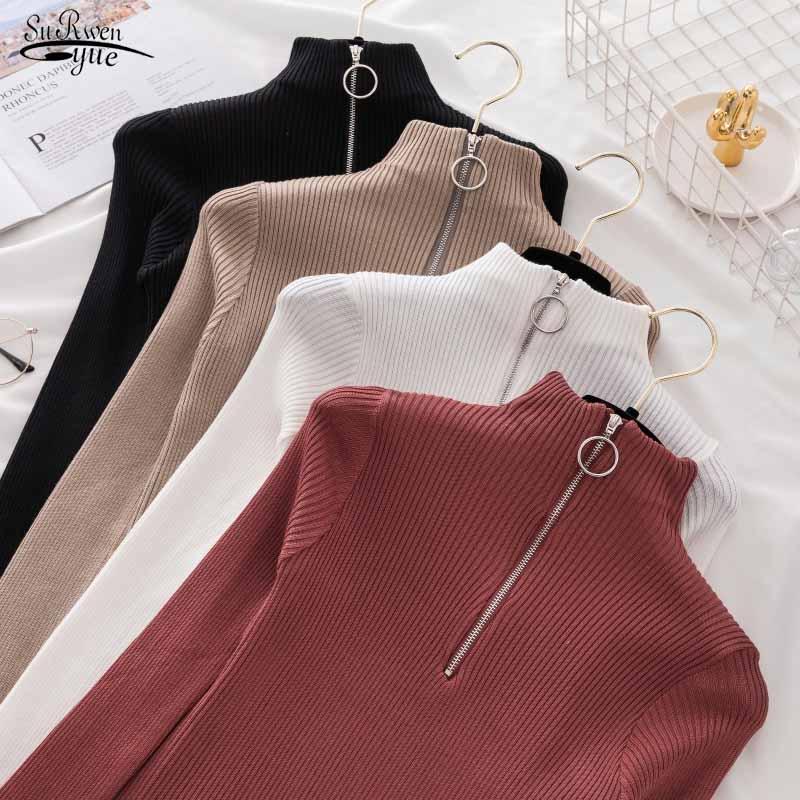 

Women's Sweaters Korean Solid Zipper Pullover Sweater Knitted Autumn And Winter 2022 Long Sleeve Pull Femme Slim Jumper Women Tops 17113Wome, Black