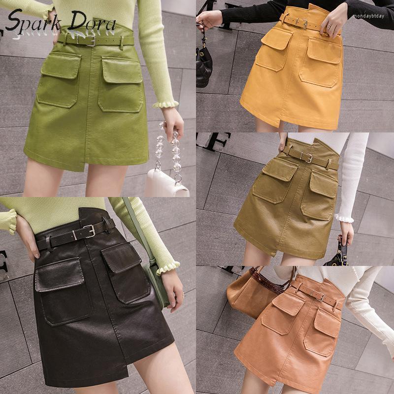 

Skirts SparkDora 5-color Irregular Pocket Leather Skirt 2022 Autumn And Winter High Waist With Belt Wrap Hip Pu, Army green