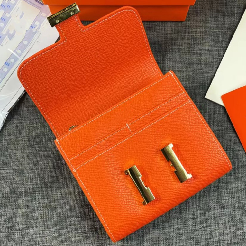 

5A+ Top Designer Brand Wallets Original Wholesale Ladies Epsom Leather Zipper Long Short Coin Purse Classic Fashion Card Holder Credit Card Cash Bag H Gold Buckle, Orange