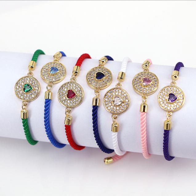 

Charm Bracelets Ladies Fashion Micro Inlaid Zircon Heart Disc Bracelet Milano Color Line Gold Plated Adjustable Pull Girl GiftCharm