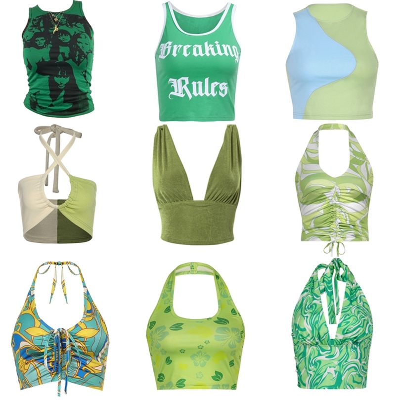 

90s Women Sexy Cami Top Y2K Aesthetic Green V Neck Sleeveless Backless Halter Crop Vest Egirl Vintage Summer Tank Clothes 220607, Type 24