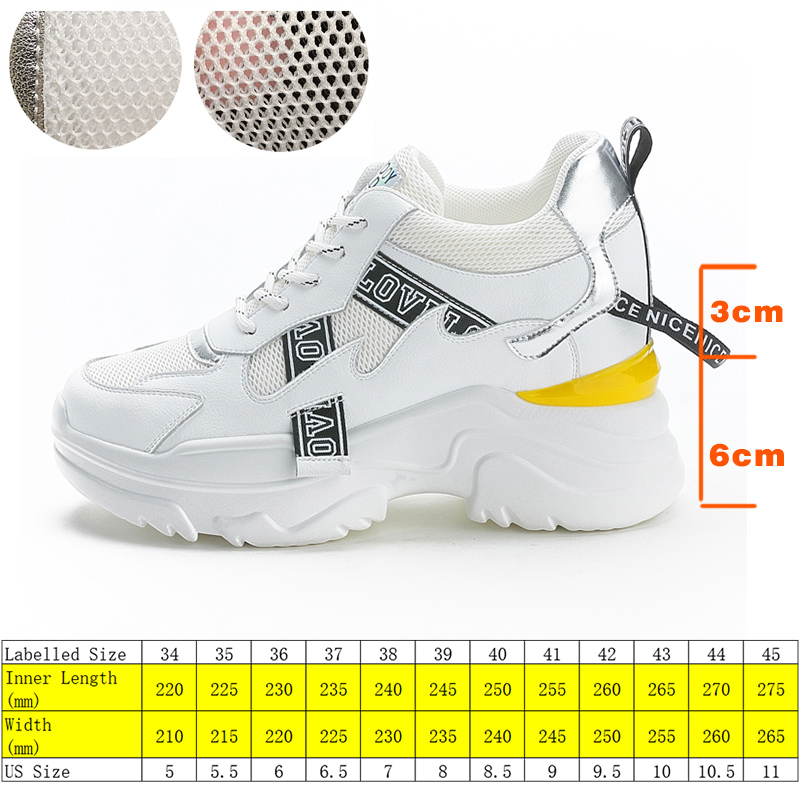 

9cm Platform Wedge Sneakers Chunky Shoes Genuine Leather for Women Summer Shoes Spring Autumn Sneakers White Casual Shoes, Silver air mesh