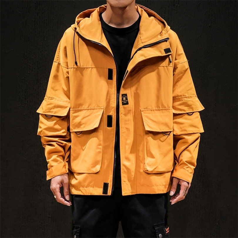 Privathinker Pockets Safari Style Men Jackets 2020 Hip Hop Streetwear Mens Jackets Warm Coat Oversize Yellow Clothes Autumn T200502