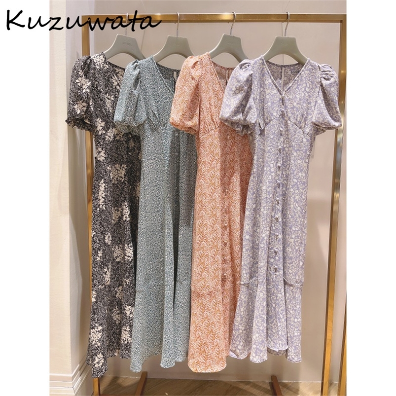 

Kuzuwata French Print Holiday Long Dress Women High Waist Hip A Line Slim Vestidos Summer Puff Shrot Sleeve Robe 226014, Black