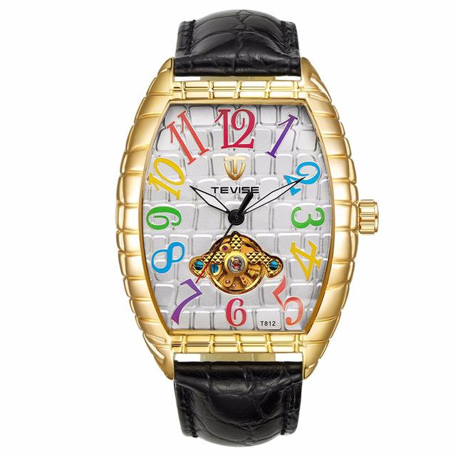 

TEVISE Men Square Dial Design Automatic Watch Leather Strap Mechanical Watch Tourbillon Sport Military Clock, Color 6