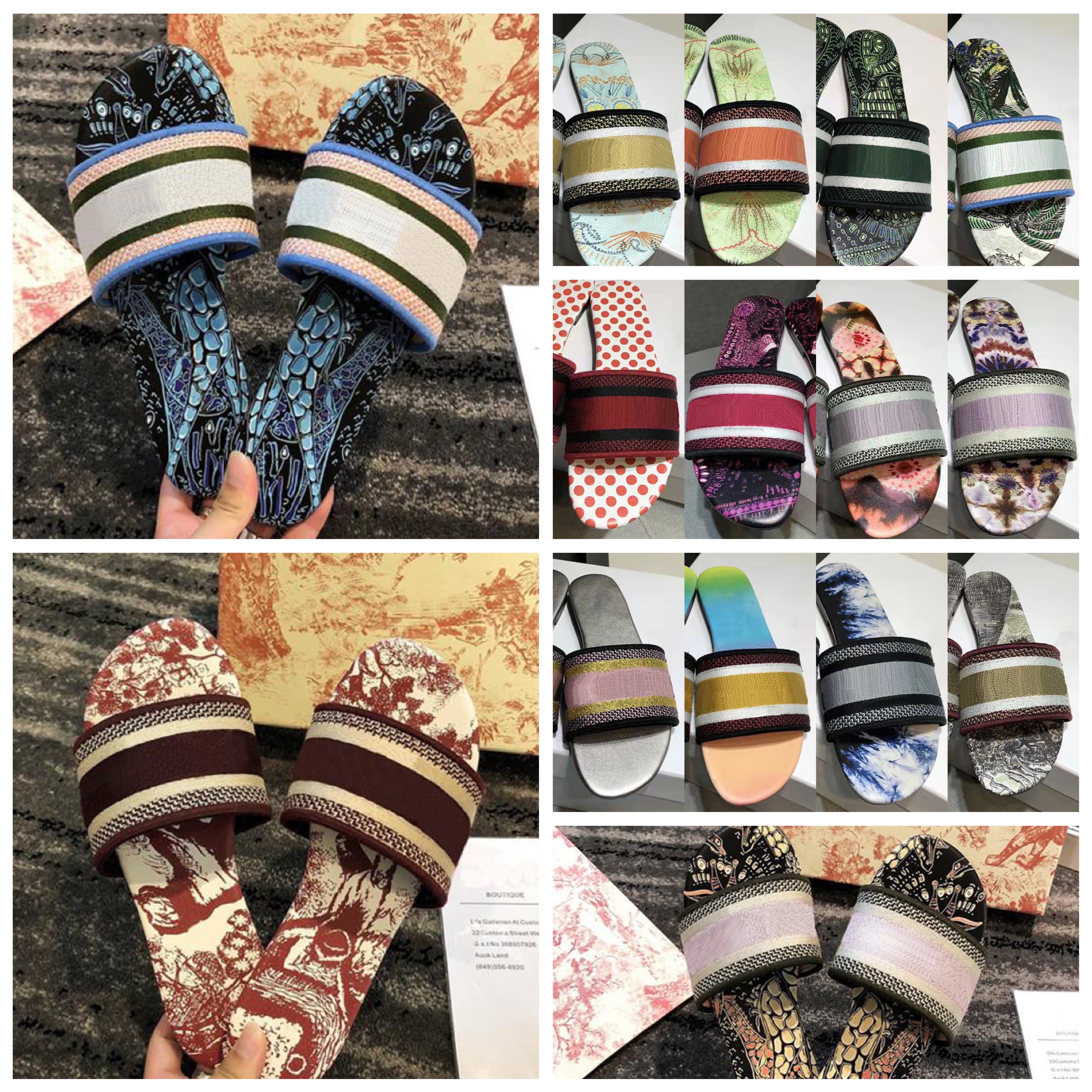 

Designer Flat Slippers Women Paris Embroidered Abstract Dazzle Pattern Slides Leather Sole Summer Flip Flops Mule Ladies Beach Travelling Party Sandals Size 34-42, Additional box