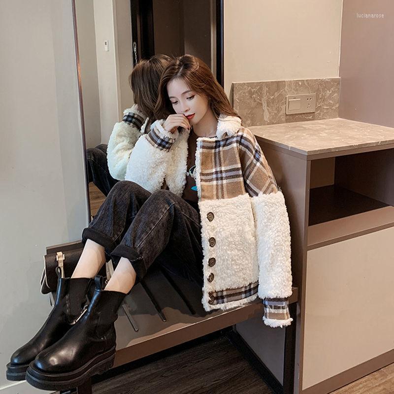 

Women' Down & Parkas FTLZZ Autumn Winter Women Thickened Lamb Long Sleeve Wool Coat Single Breasted Casual Loose Fashion Foreign Style Luci, Houndstooth