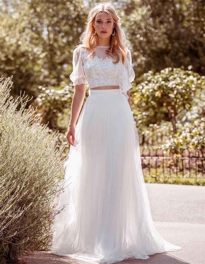 

2023 New Boho Wedding Dress Half Sleeves Lace Applique Two Pieces Dress for Women Special Banquet A Line Tulle Bridal Gowns, Ivory