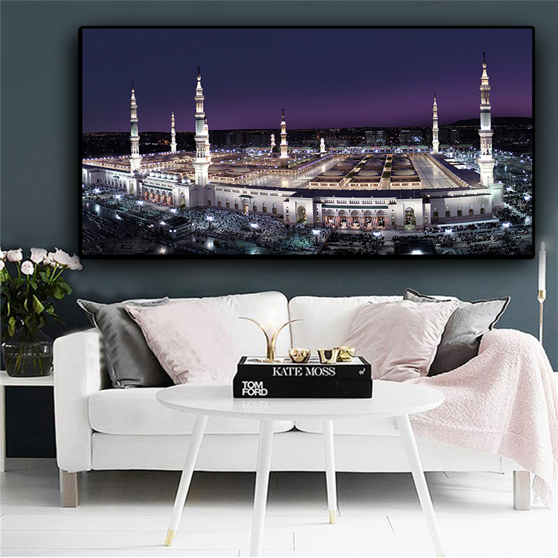 

Islam Building Nightscape Canvas Painting Mecca Islamic Muslim Mosque Posters and Prints Cuadros Wall Picture for Living Room