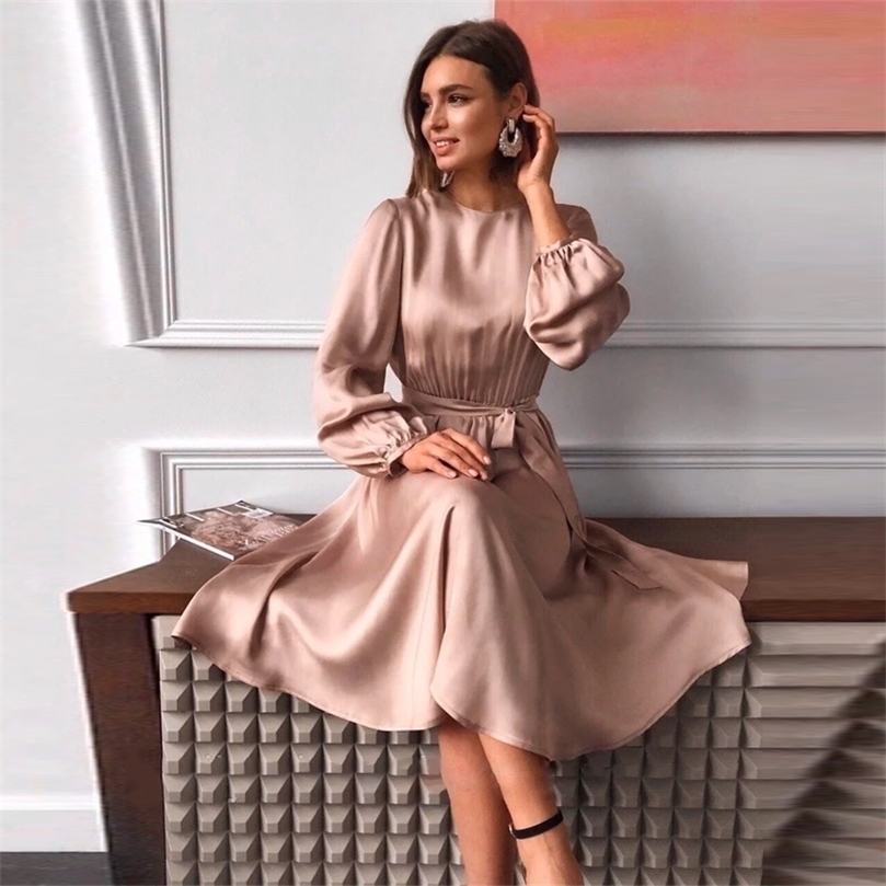 

Women Vintage Sashes Satin A-line Dress Lantern Sleeve O neck Solid Elegant Casual Party Summer OL Fashion 220402, As picture