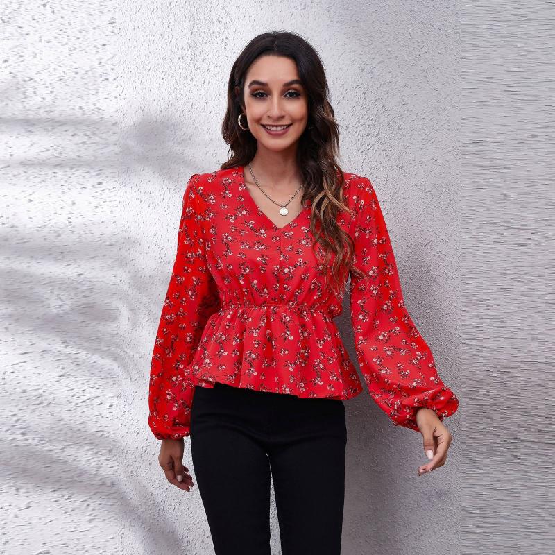

Women' Blouses & Shirts Red Bouquet Floral Lantern Sleeve Waist V-neck Long Blouse Chiffon ShirtWomen