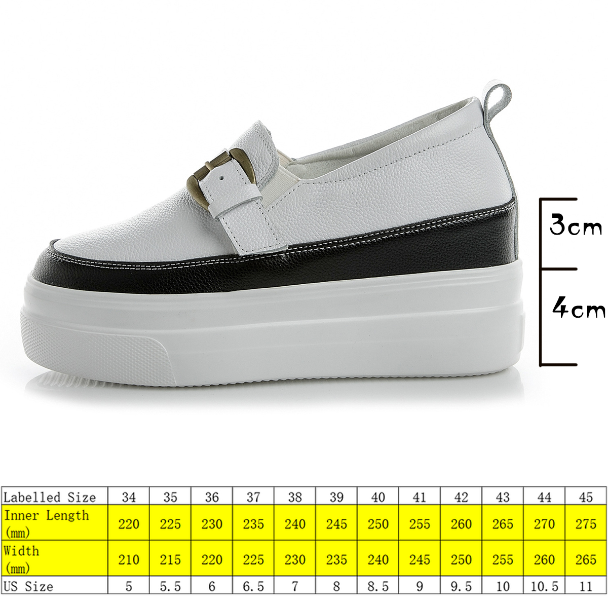 

7cm Platform Wedge Women Shoes Genuine Leather Slip on Buckle Hidden Heel Chunky White Leather Women Sneakers Slipony, Black white no plush