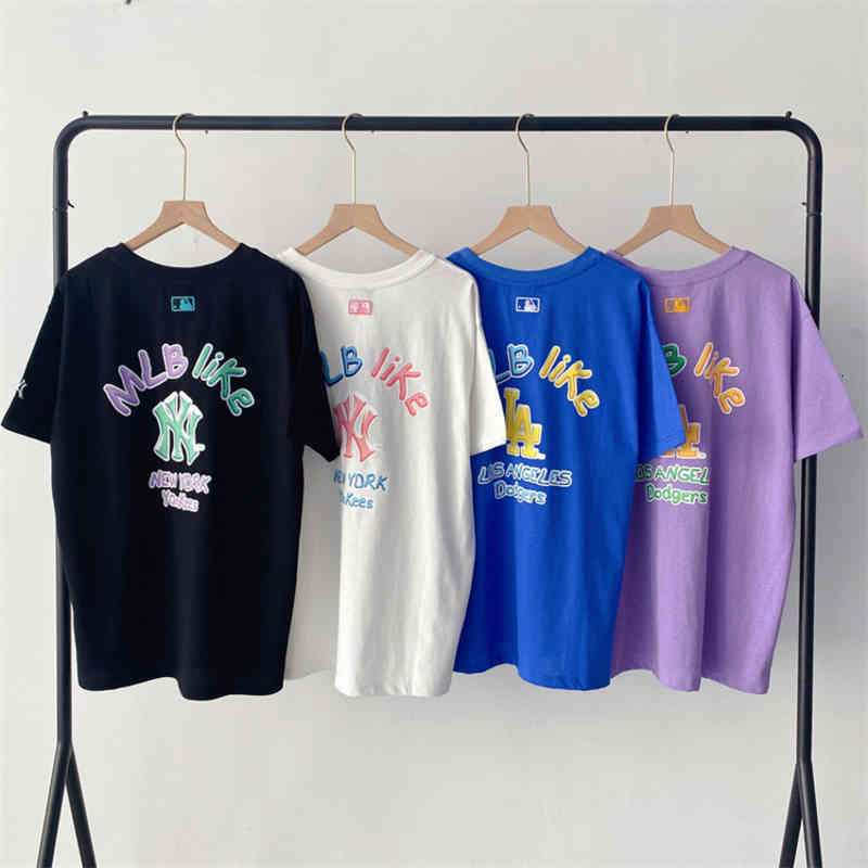 

Women's T-Shirt MLB Korea fashion men and women lovers loose casual round neck jelly color letters NY short sleeve T-shirt summer IDES, White