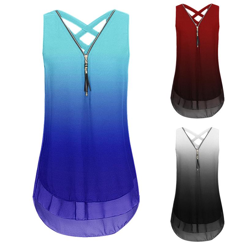 

Women' Tanks & Camis Plus Size Sexy Lady Tank Top Color Gradient Cross Strap Sleeveless V Neck Zipper T-shirt Chiffon Blouse Vest Loose Shi, Black