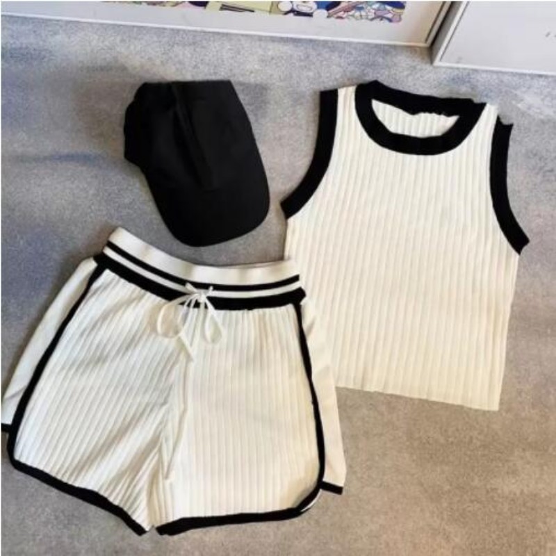 

Designer Women's Two Piece Pants knitted Short Set Sleeveless knit Vest Girl Elastic Waist Tracksuits Sweat Suit, Black