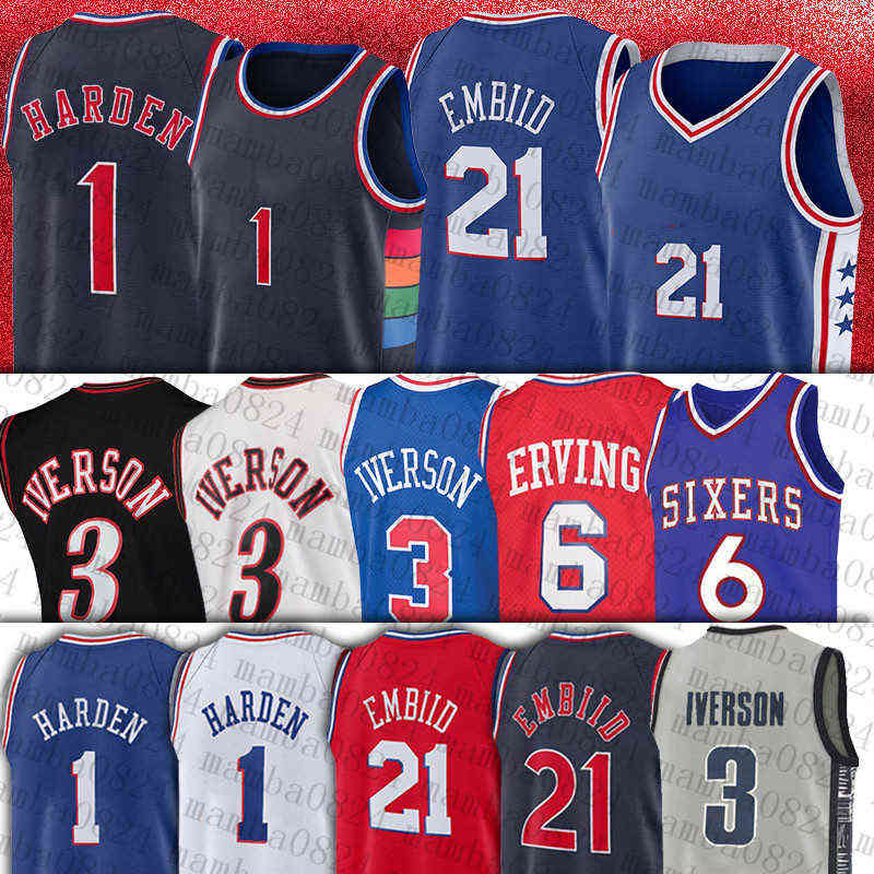 Iverson Joel Embiid Basketball Jerseys Harden 3 Allen Julius 6 Erving 75th Men 01 02 Retro Ness Jersey-image-763005799