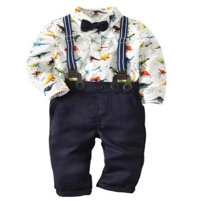 

Toddler Infant boys Clothing Set Dinosaurs Print Long Sleeve Top Romper +Suspender Pants + Bow Tie 3pcs Suit kids Baby Clothes, Blue