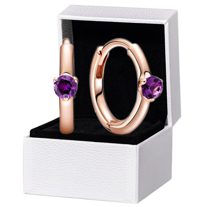 Boucles d'oreilles Huggie Hopgie Purple Solitaire 925 Boucles d'oreilles de créateur en argent sterling Femmes Boucles d'oreilles en or rose en o