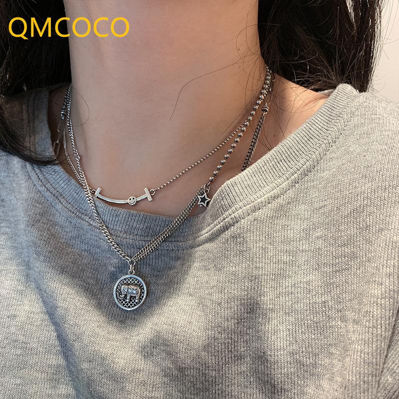 

Chains Silver Color Elephant Clavicle Vintage Necklace For Women Fashion Thai Smile-Face Punk Hip-Hop Party Jewelry GiftChains