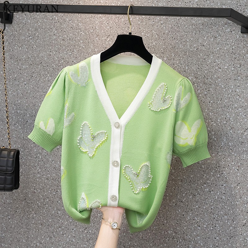 

V-neck Knitted Cardigan Women 2022 Summer Thin Ice Silk Butterfly Hot Drill Beading Puff Short Sleeve Sweater Woman Knitwear Top, Green
