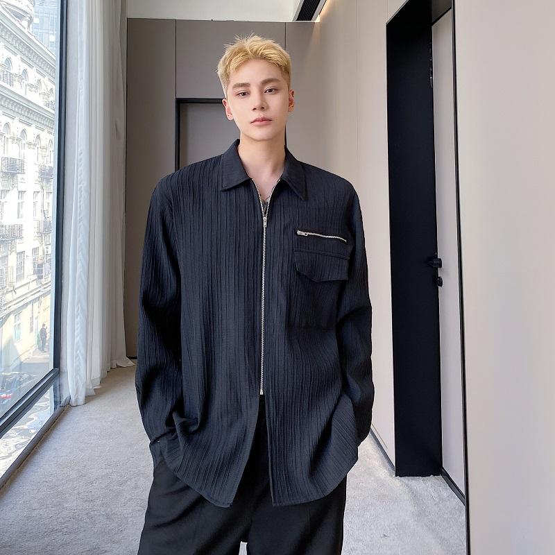 

Men's Casual Shirts Men's Zipper Design Lapel Long Sleeve Shirt Male Trend Fashion Loose Streetwear Vintage Simple Dark Stripe BlouseMen, White 3607