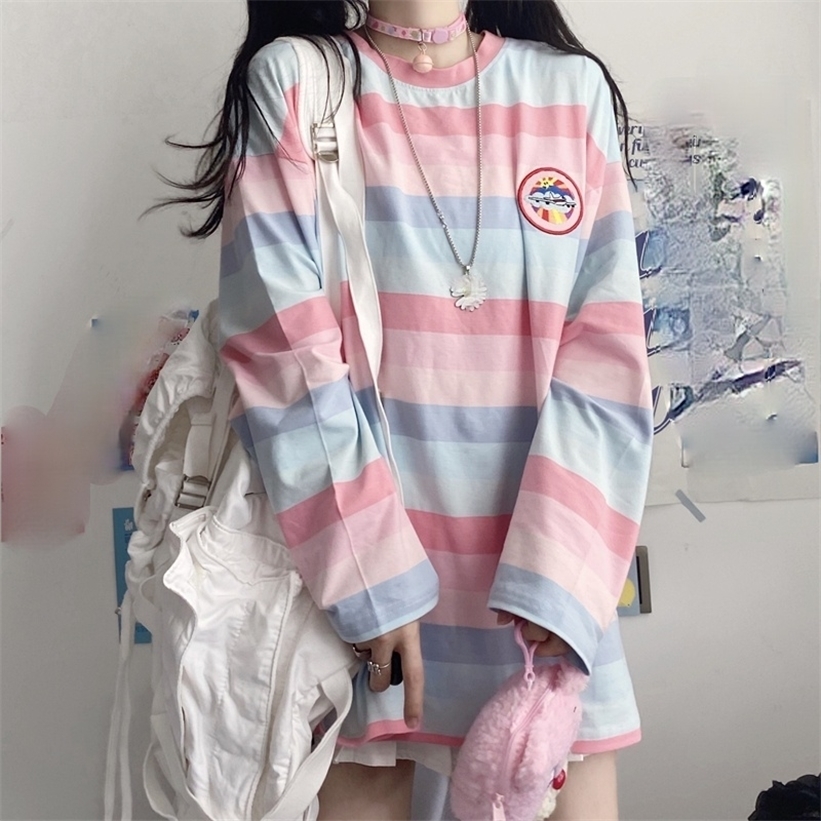 

harajuku Long Sleeve T Shirt girl Christmas Topspring autumn embroidery stripe Tops Tee full T-shirt Casual Female 220322, Xian 058