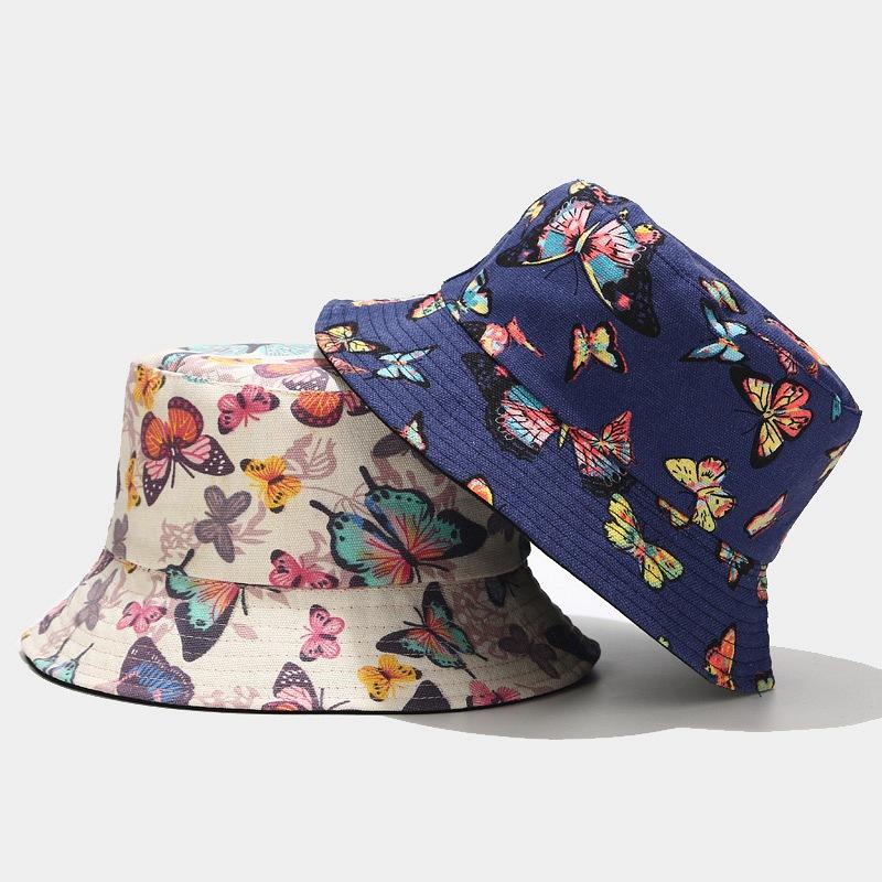 

Berets Women 2022 Bucket Hats Double Sided Wearing Men Foldable Butterfly Printing Fisherman Hat Reversible Sun Caps, Beige