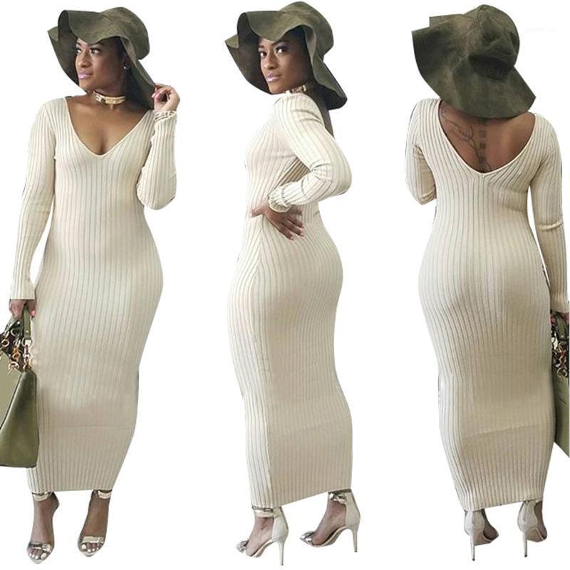 

Casual Dresses OKAYOASIS Women Dress Autumn And Winter Sweater Slim V-Neck Long Knitted Sexy Bodycon Robe, Sweater dress