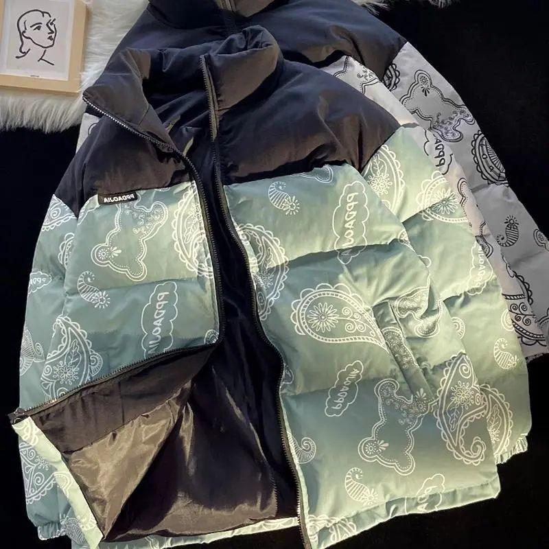 

Men's Down & Parkas Flower Padded Jacket Men Women Winter Trend Stand-up Collar Loose Hong Kong Style Handsome Thick Printed CoatMen's, Gray