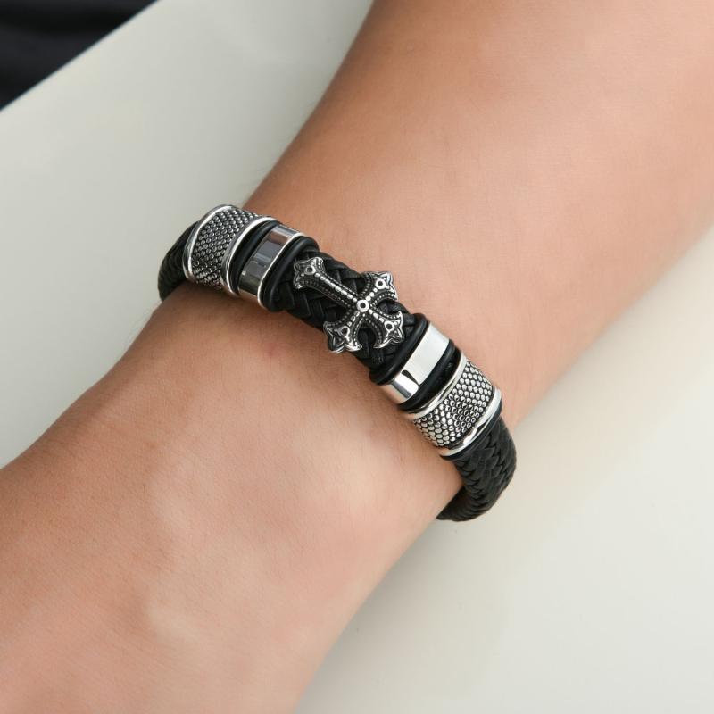 Cool Antique Silver Plated Retro Style Cross Charm Bracelet Handmade Leather Bracelets-image-758737632