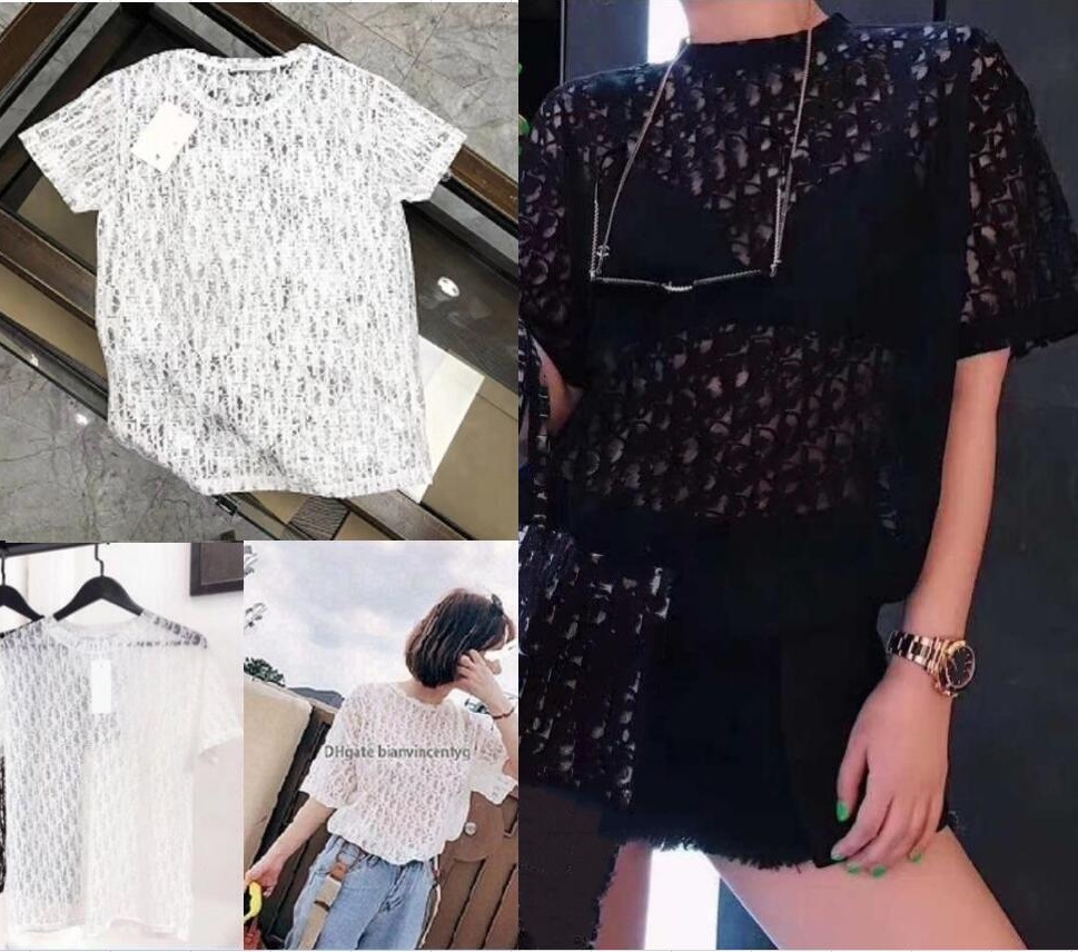 

Designer Womens T Shirt luxurys summer tshirt Lace D C print letter French Fashion T-shirt Tees Streetwear Short Sleeve shirts transfers white black hollow out Men top, Black-short sleeve