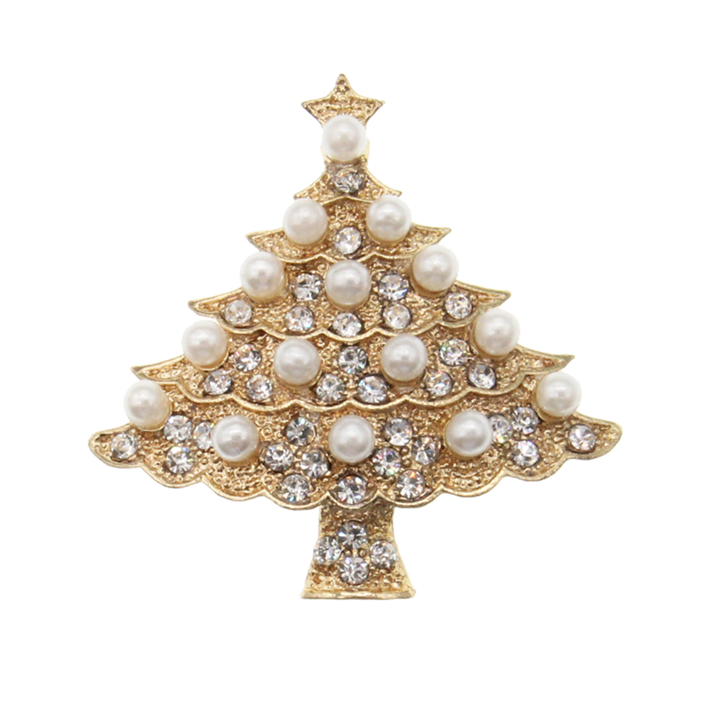 100pcs/lot Gold Tone Christmas Tree Brooches Crystal Rhinestone Pearl Pin Brooch-image-408458412