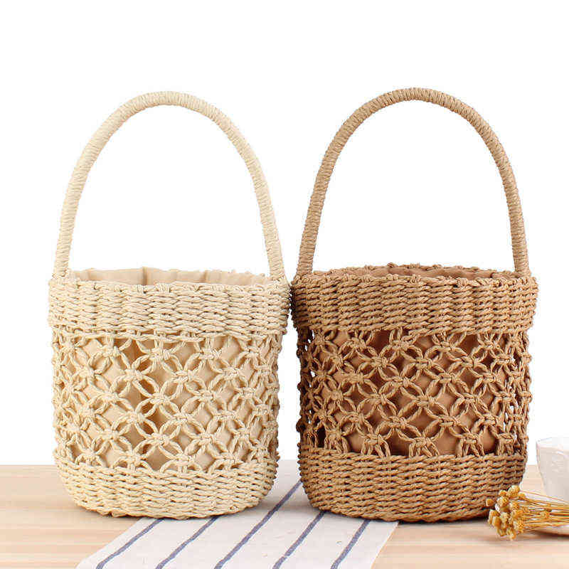 

Shopping Bags Portable Bucket Woven Hand-carved Hollow Straw Ins Summer Vacation Po Beach 220322, Beige