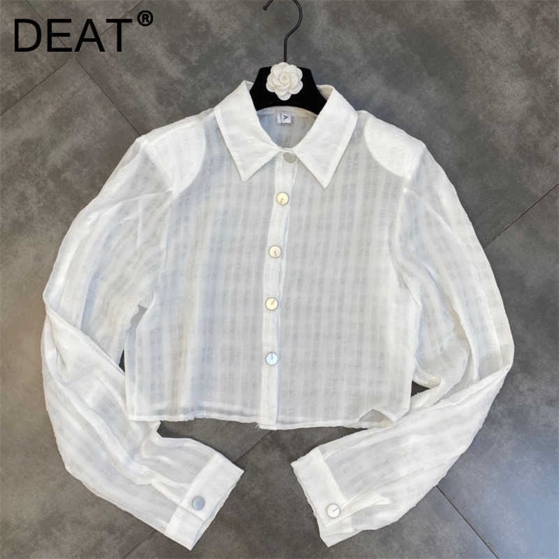 

DEAT Women Shoulder Pad Long Sleeve Dark Plaid Seersucker Shirt Turn-down Collar Fashion Spring Summer 11D1492 210709, White