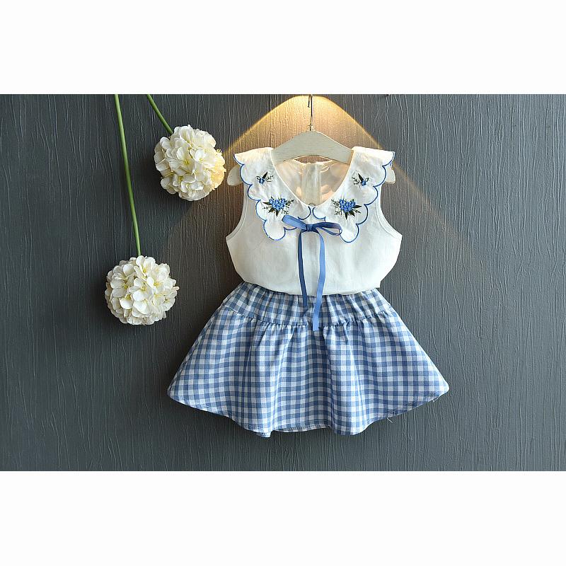 

Clothing Sets Summer 2022 Casual Solid Clothes Sleeveless Plaid Girls High Quality Fashion Kids, Blue
